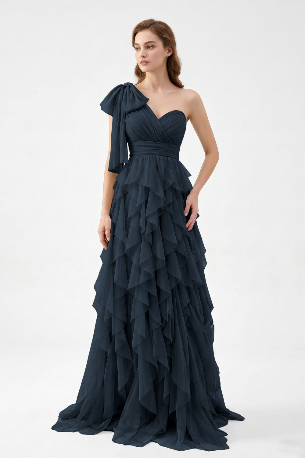 One Shoulder Sage Green Chiffon Tiered A-Line Long Prom Dress with Bow