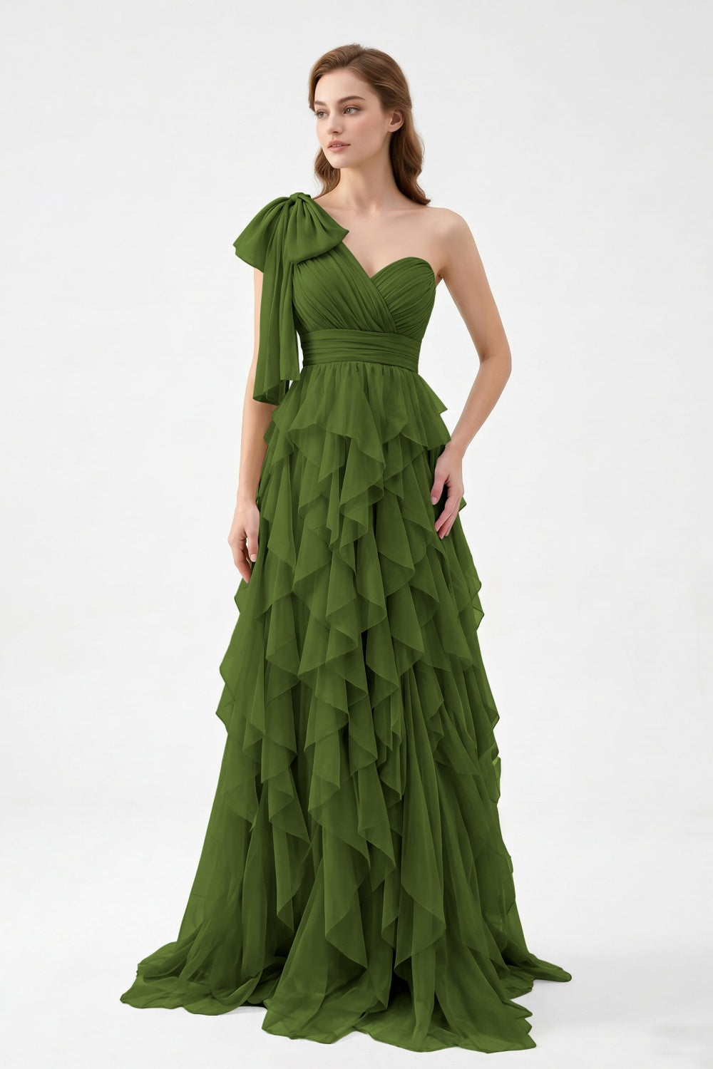 One Shoulder Sage Green Chiffon Tiered A-Line Long Prom Dress with Bow