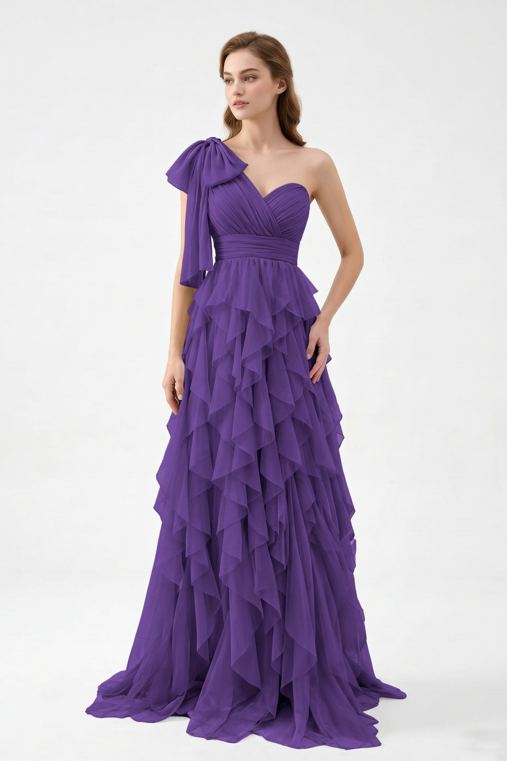One Shoulder Sage Green Chiffon Tiered A-Line Long Prom Dress with Bow