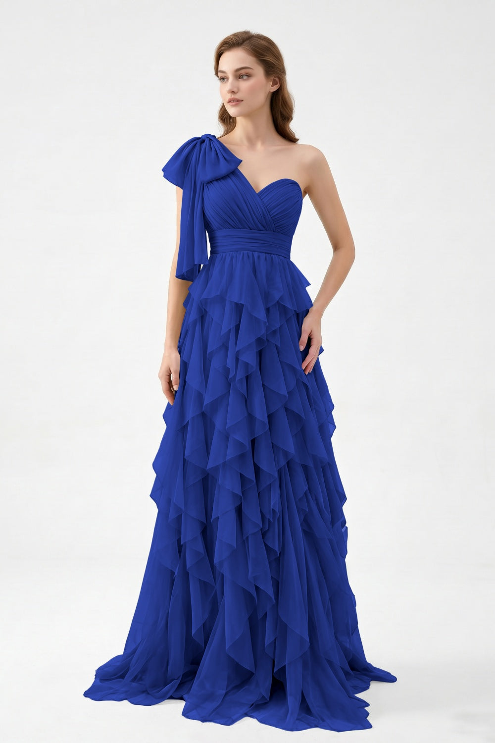 One Shoulder Sage Green Chiffon Tiered A-Line Long Prom Dress with Bow