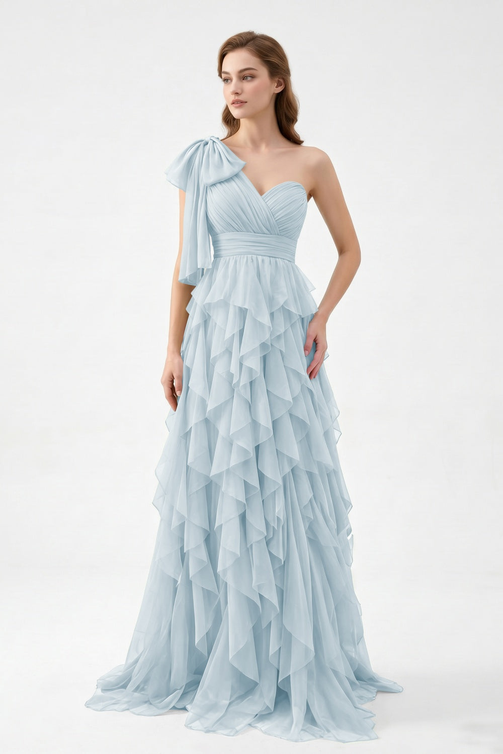 One Shoulder Sage Green Chiffon Tiered A-Line Long Prom Dress with Bow