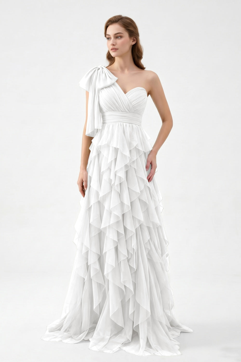 One Shoulder Sage Green Chiffon Tiered A-Line Long Prom Dress with Bow