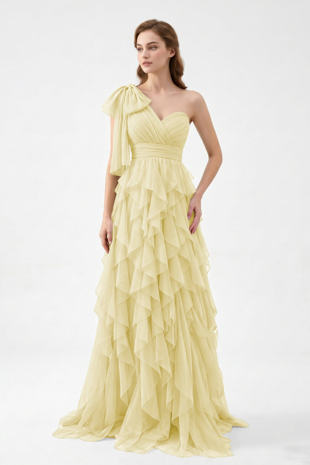 One Shoulder Sage Green Chiffon Tiered A-Line Long Prom Dress with Bow