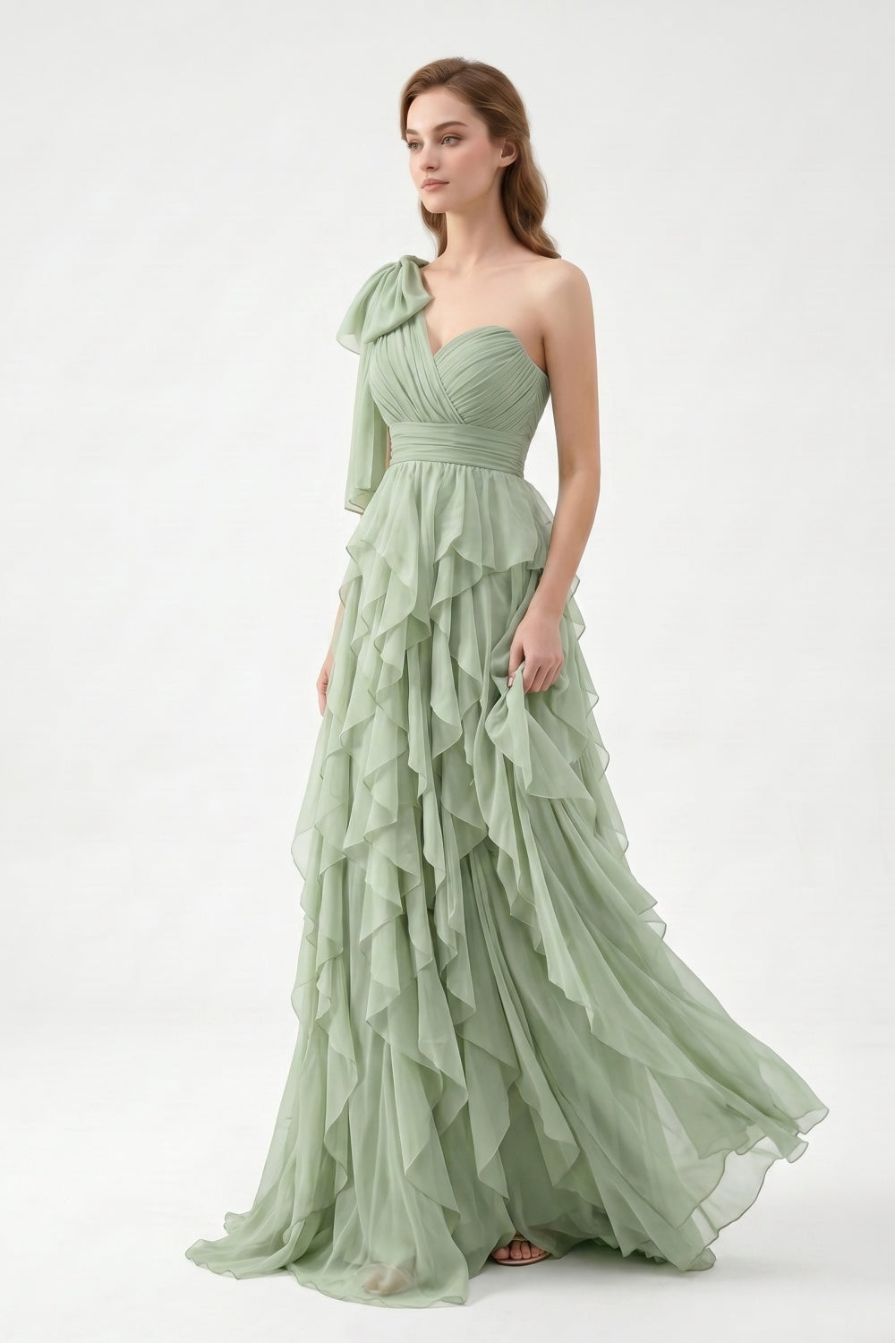 One Shoulder Sage Green Chiffon Tiered A-Line Long Prom Dress with Bow
