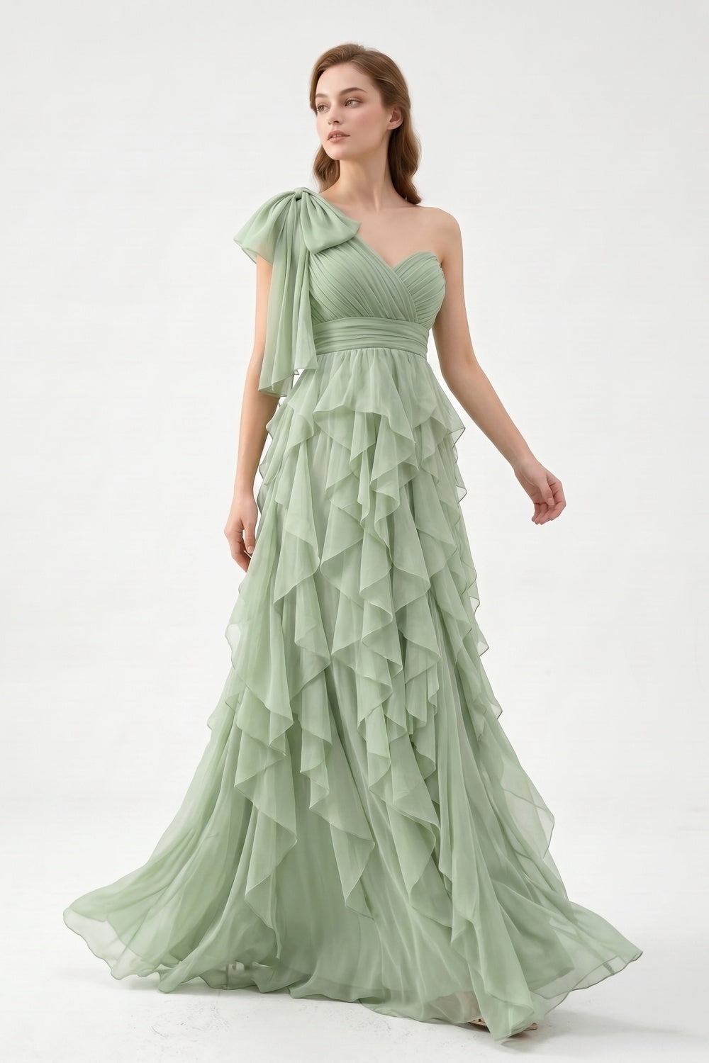One Shoulder Sage Green Chiffon Tiered A-Line Long Prom Dress with Bow
