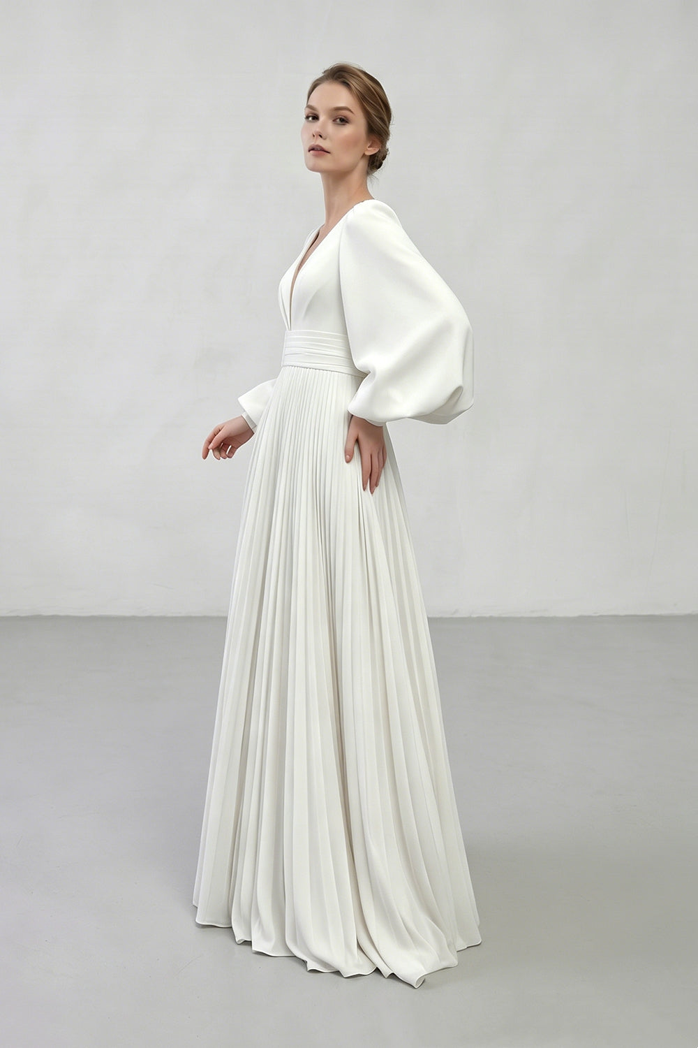 Long Puff Sleeve Pleated Satin A-Line Wedding Dress | V-Neck Minimalist Bridal Gown