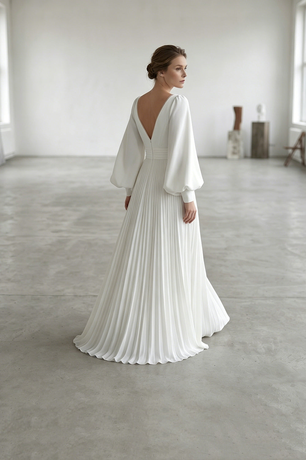 Long Puff Sleeve Pleated Satin A-Line Wedding Dress | V-Neck Minimalist Bridal Gown