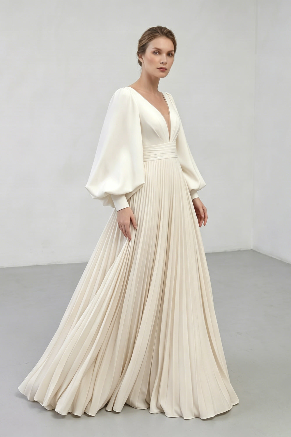 Long Puff Sleeve Pleated Satin A-Line Wedding Dress | V-Neck Minimalist Bridal Gown