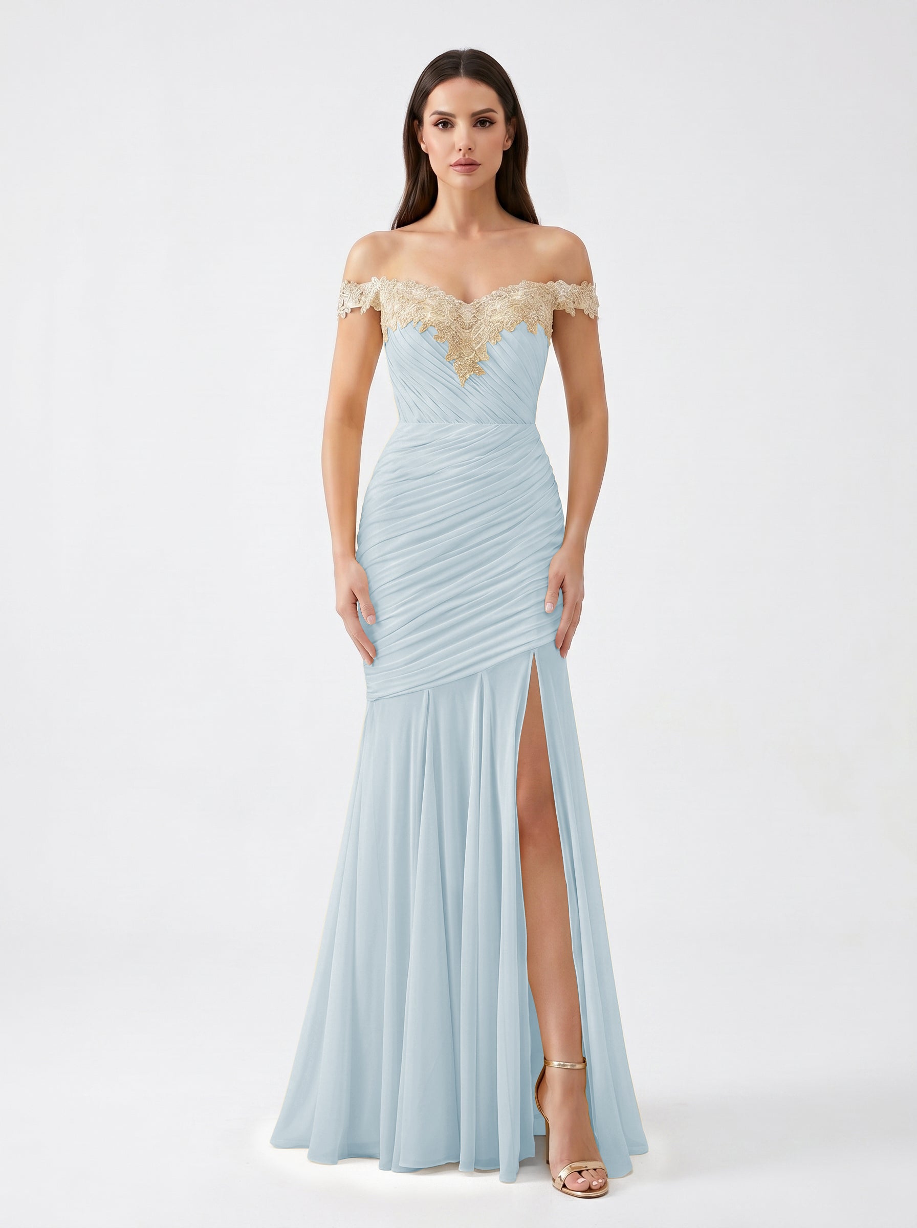 Yellow Off-Shoulder Lace Ruched Chiffon Bridesmaid Dress | Slit Mermaid Formal Gown
