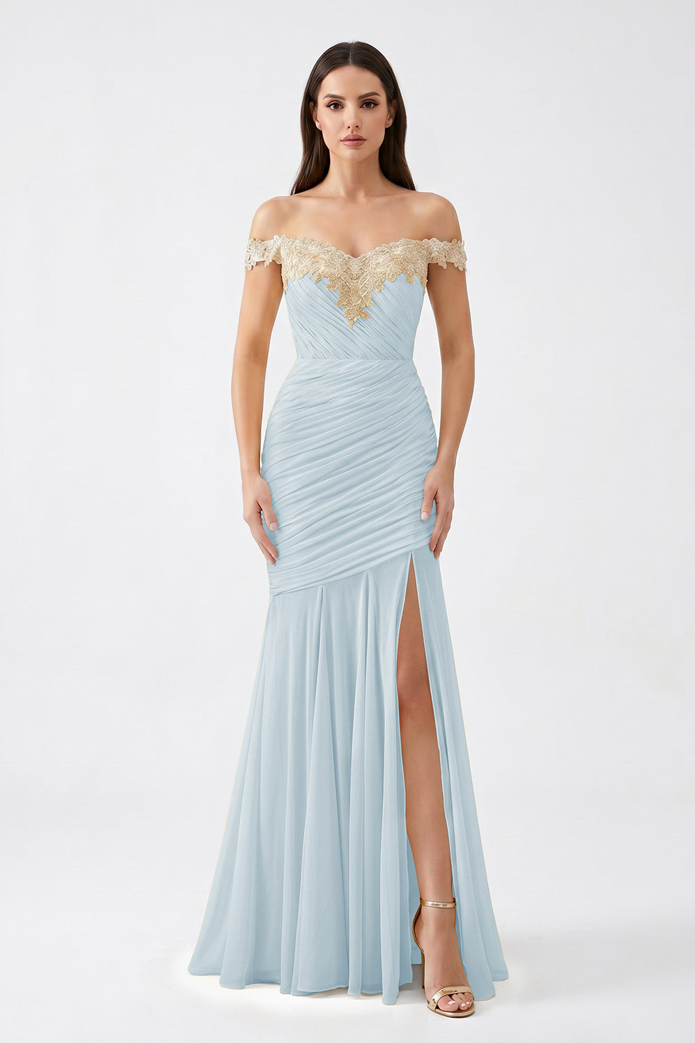Yellow Off-Shoulder Lace Ruched Chiffon Bridesmaid Dress | Slit Mermaid Formal Gown