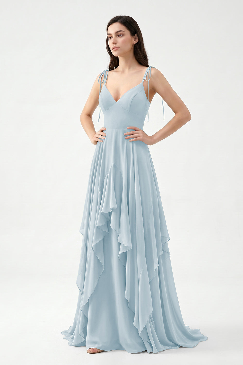 Sage Green Tie-Strap Ruffle Chiffon Bridesmaid Dress | Flowy Formal Gown