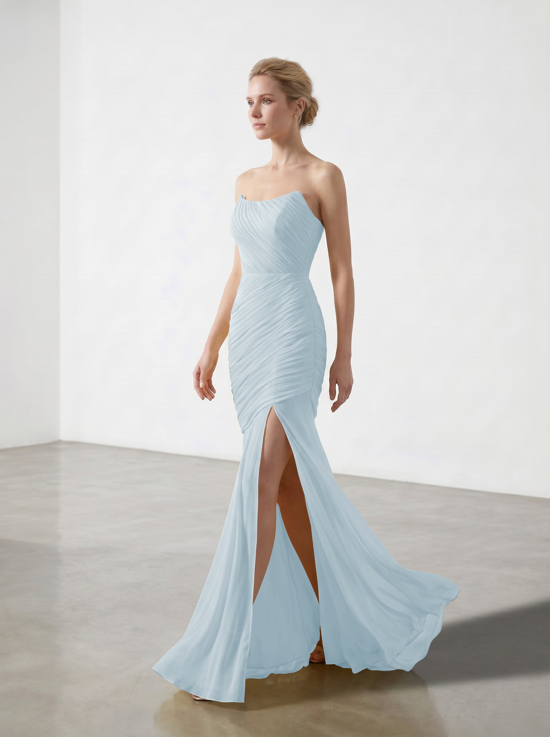 Yellow Strapless Ruched Chiffon Bridesmaid Dress | Slit Mermaid Formal Gown