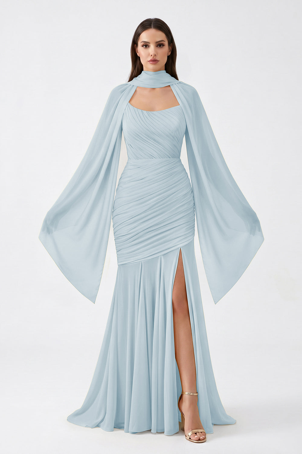 Yellow Cape Sleeve Ruched Chiffon Bridesmaid Dress | Slit Mermaid Formal Gown