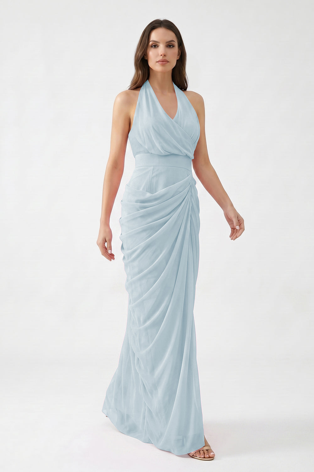 Pink Halter Neck Draped Chiffon Bridesmaid Dress | Formal Evening Gown