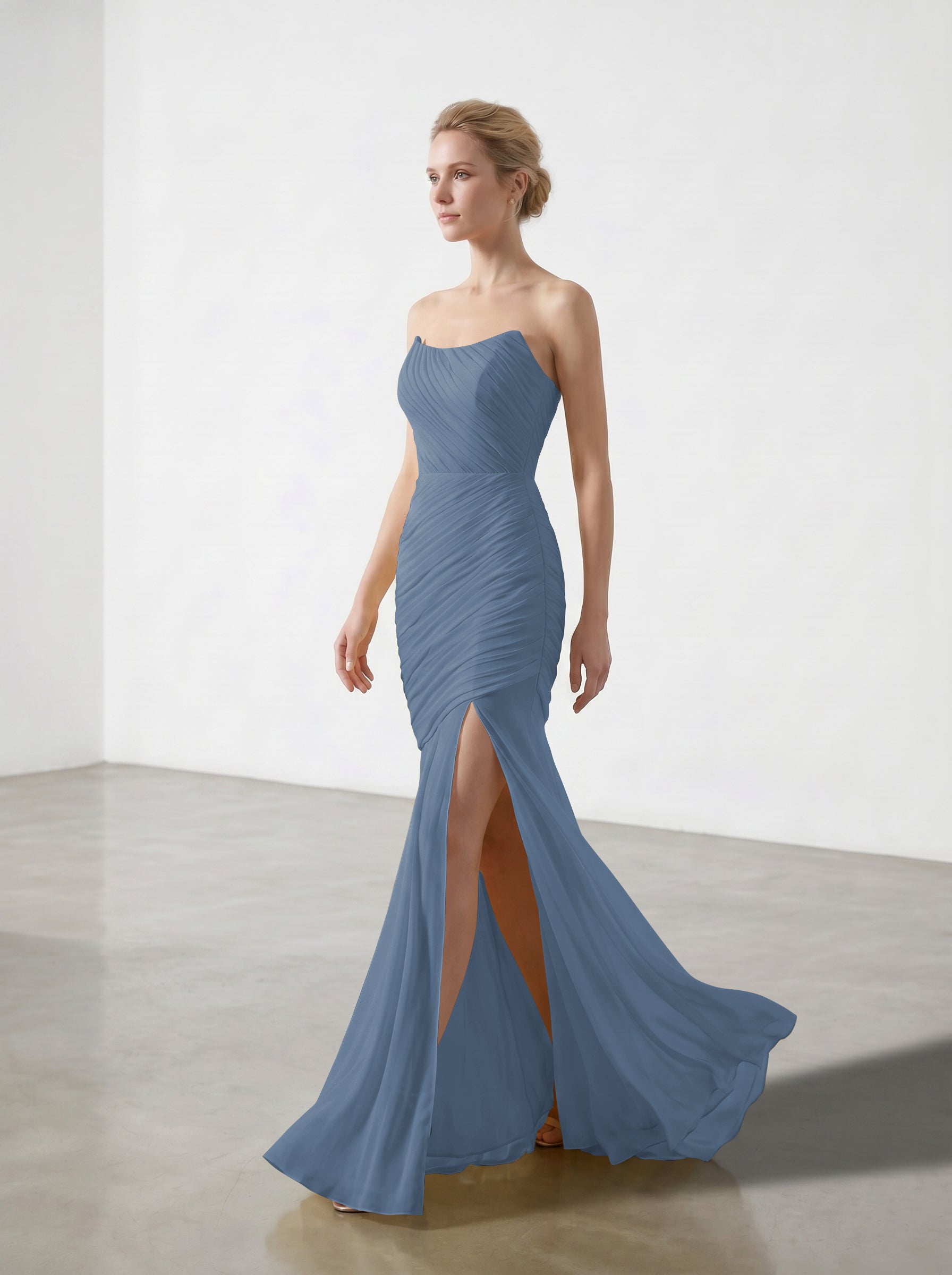 Yellow Strapless Ruched Chiffon Bridesmaid Dress | Slit Mermaid Formal Gown