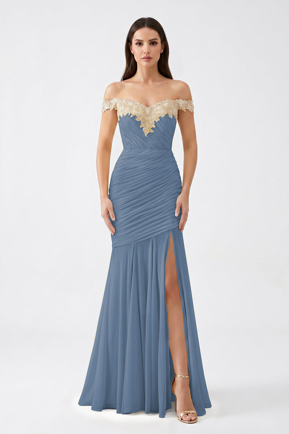 Yellow Off-Shoulder Lace Ruched Chiffon Bridesmaid Dress | Slit Mermaid Formal Gown