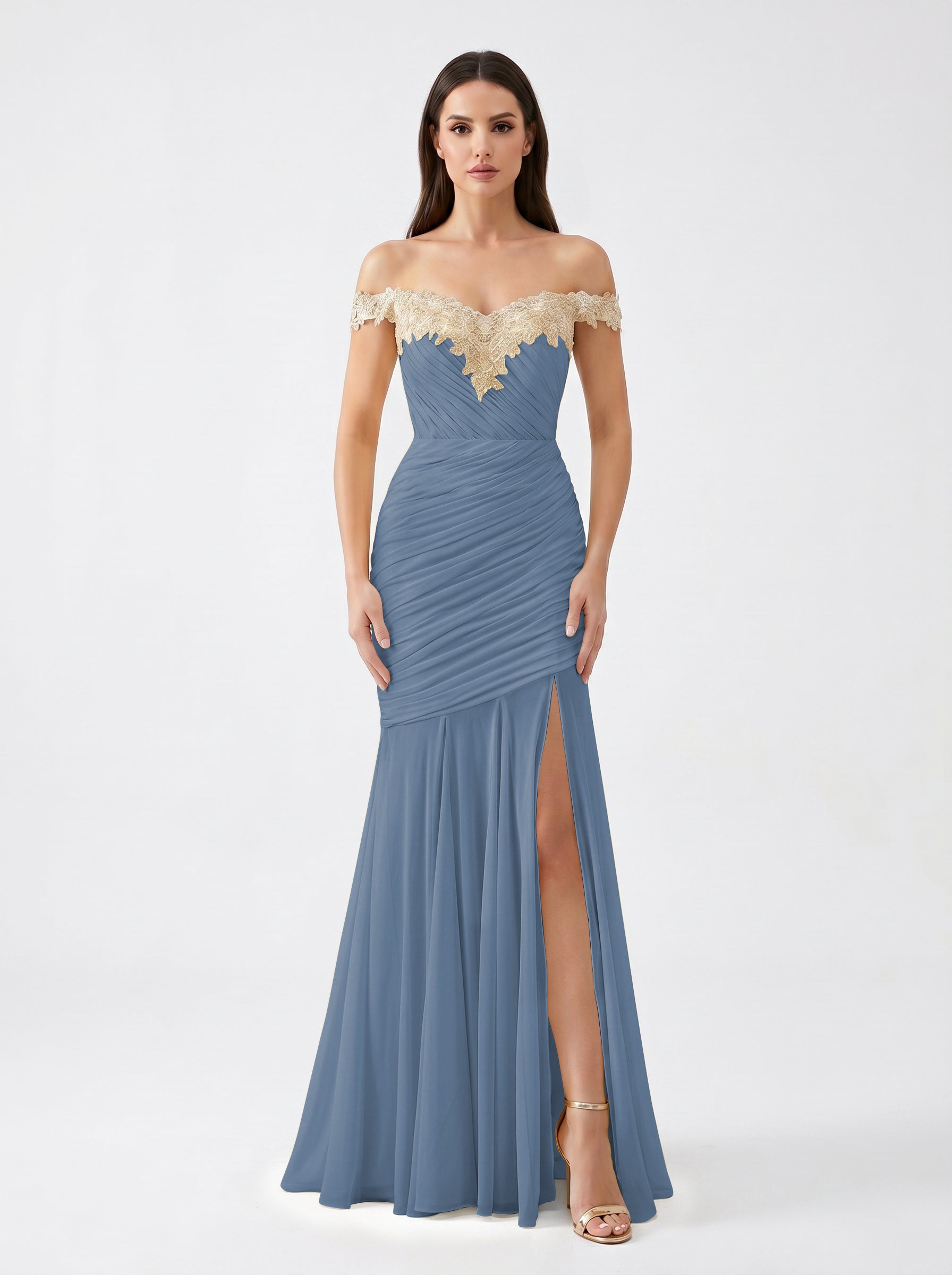 Yellow Off-Shoulder Lace Ruched Chiffon Bridesmaid Dress | Slit Mermaid Formal Gown