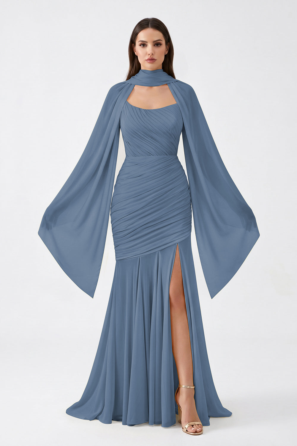 Yellow Cape Sleeve Ruched Chiffon Bridesmaid Dress | Slit Mermaid Formal Gown
