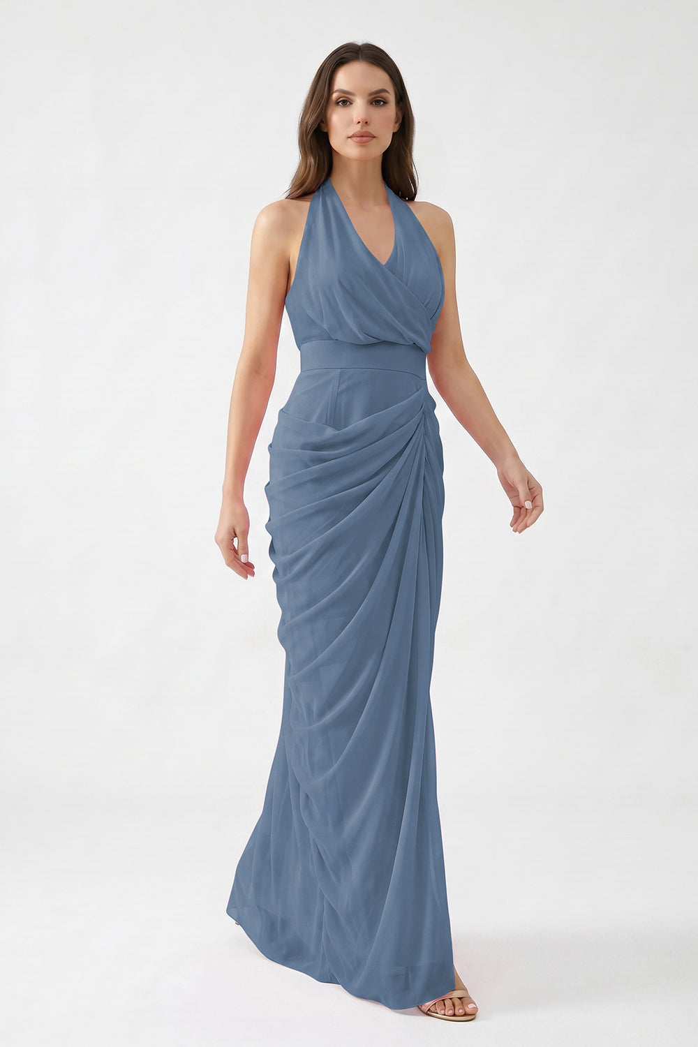 Pink Halter Neck Draped Chiffon Bridesmaid Dress | Formal Evening Gown
