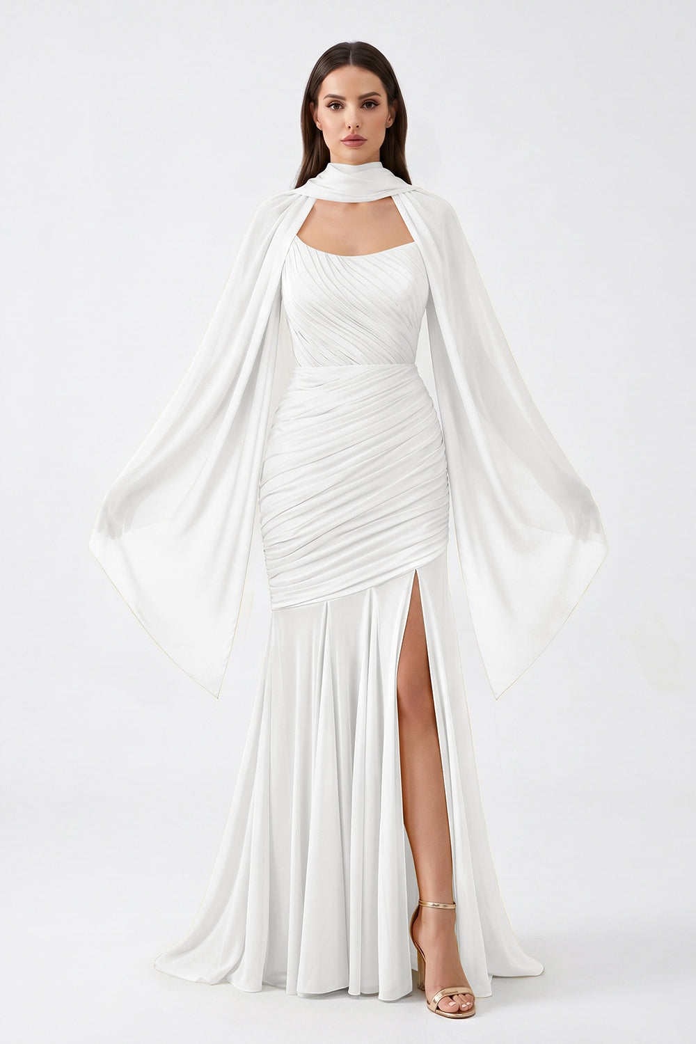 Yellow Cape Sleeve Ruched Chiffon Bridesmaid Dress | Slit Mermaid Formal Gown