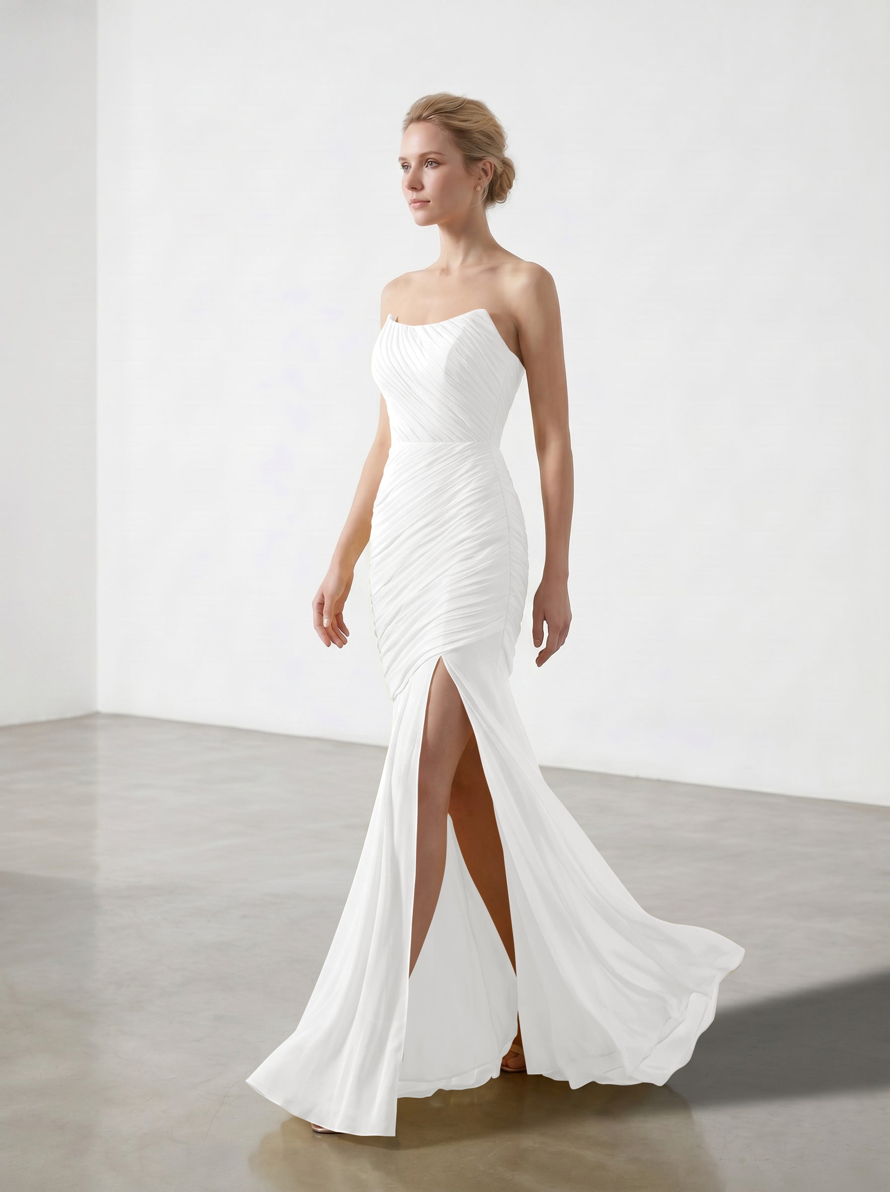 Yellow Strapless Ruched Chiffon Bridesmaid Dress | Slit Mermaid Formal Gown