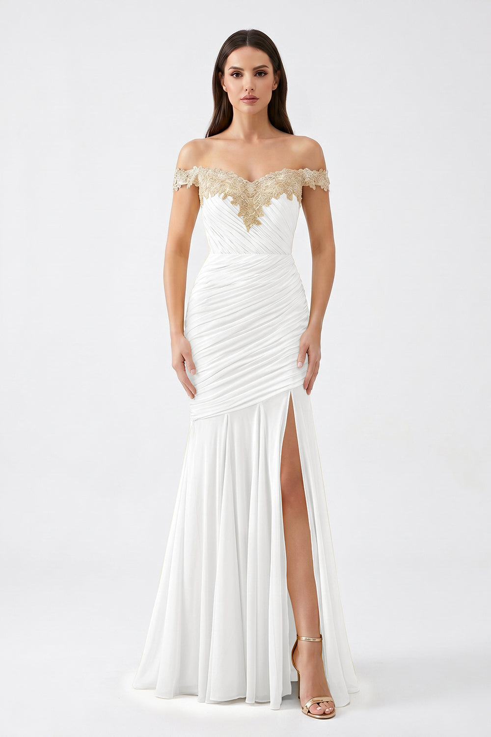 Yellow Off-Shoulder Lace Ruched Chiffon Bridesmaid Dress | Slit Mermaid Formal Gown