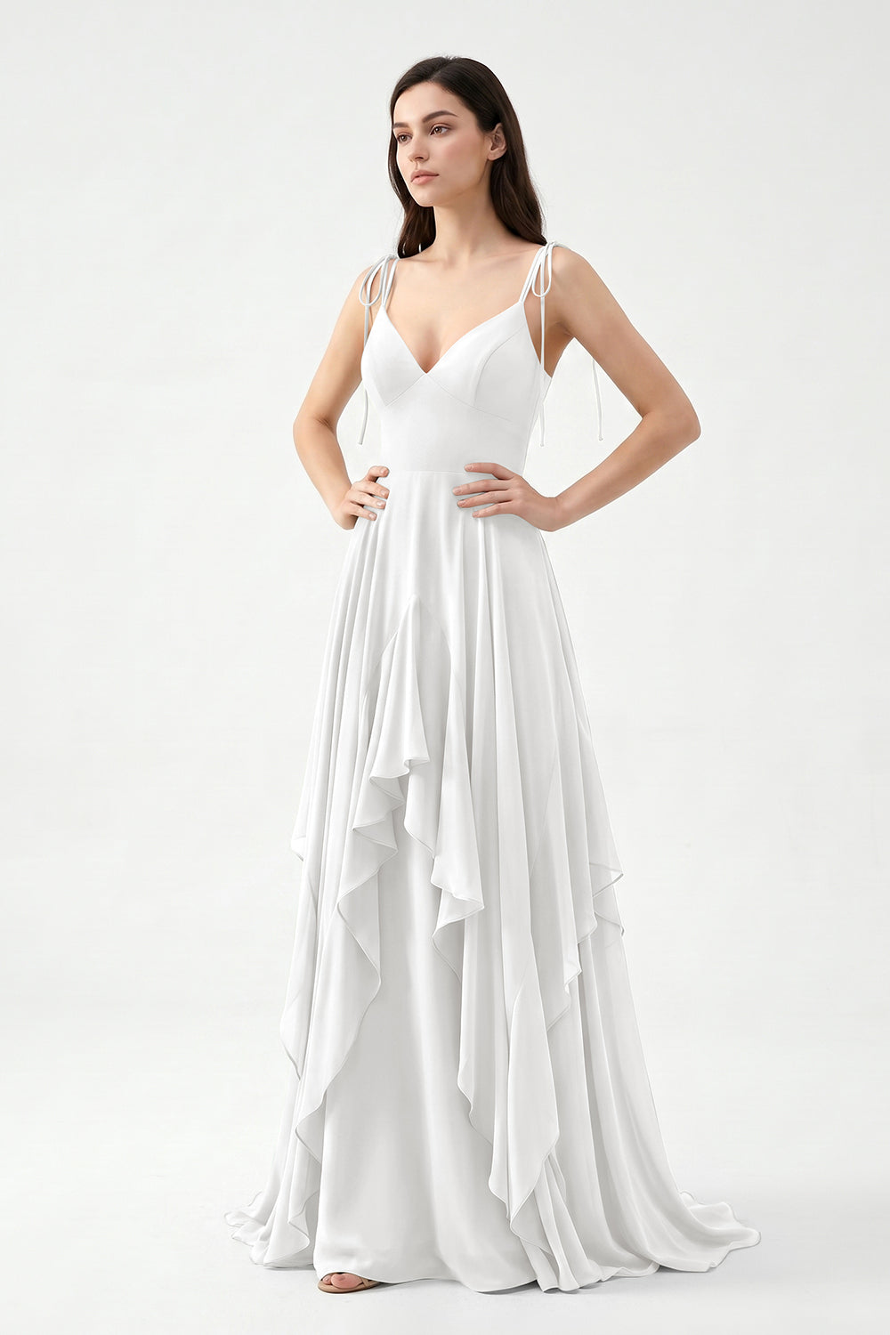 Sage Green Tie-Strap Ruffle Chiffon Bridesmaid Dress | Flowy Formal Gown