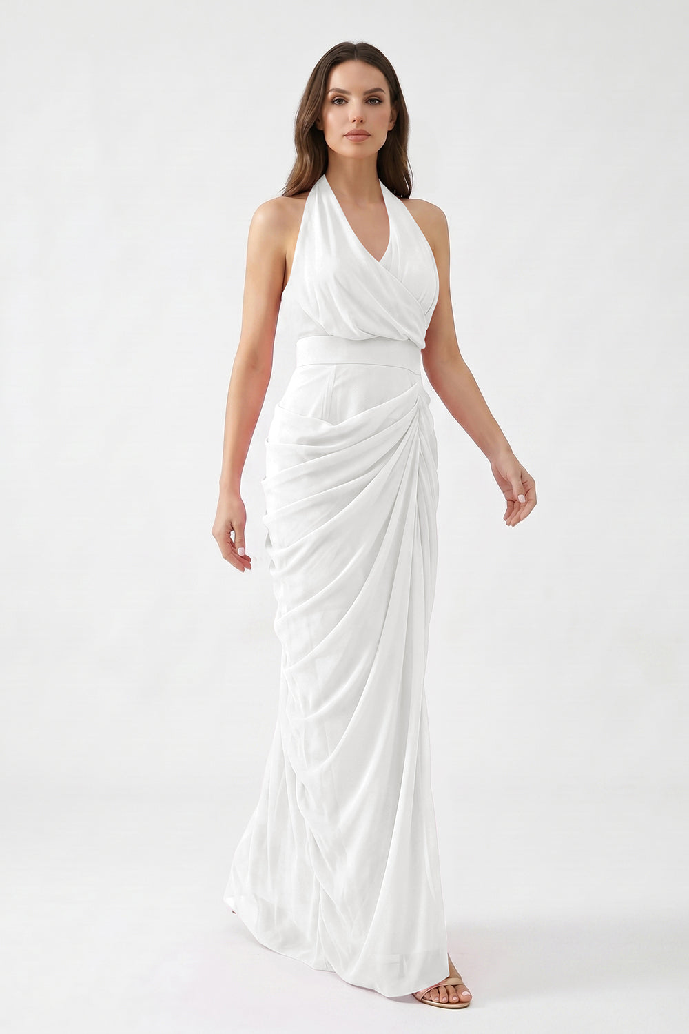 Pink Halter Neck Draped Chiffon Bridesmaid Dress | Formal Evening Gown
