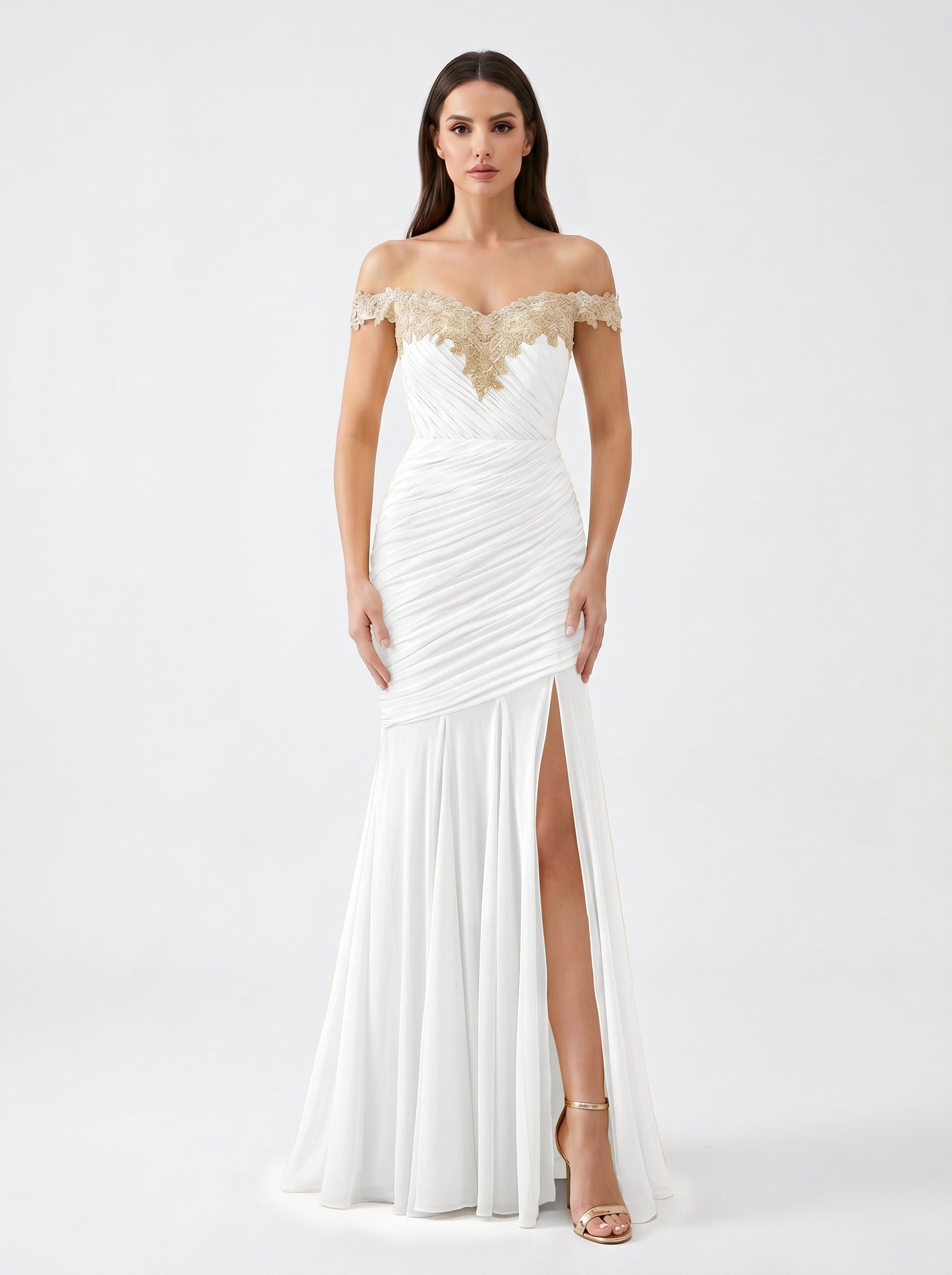 Yellow Off-Shoulder Lace Ruched Chiffon Bridesmaid Dress | Slit Mermaid Formal Gown