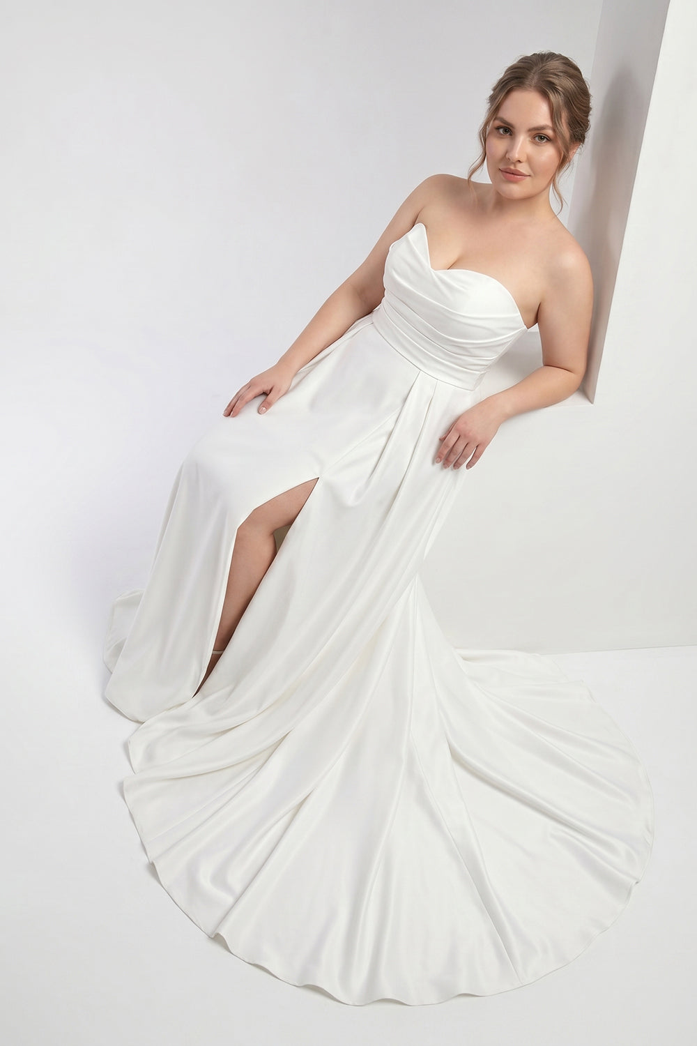 Plus Size Strapless Sweetheart Satin Wedding Dress | A-Line Bridal Gown with Slit & Train