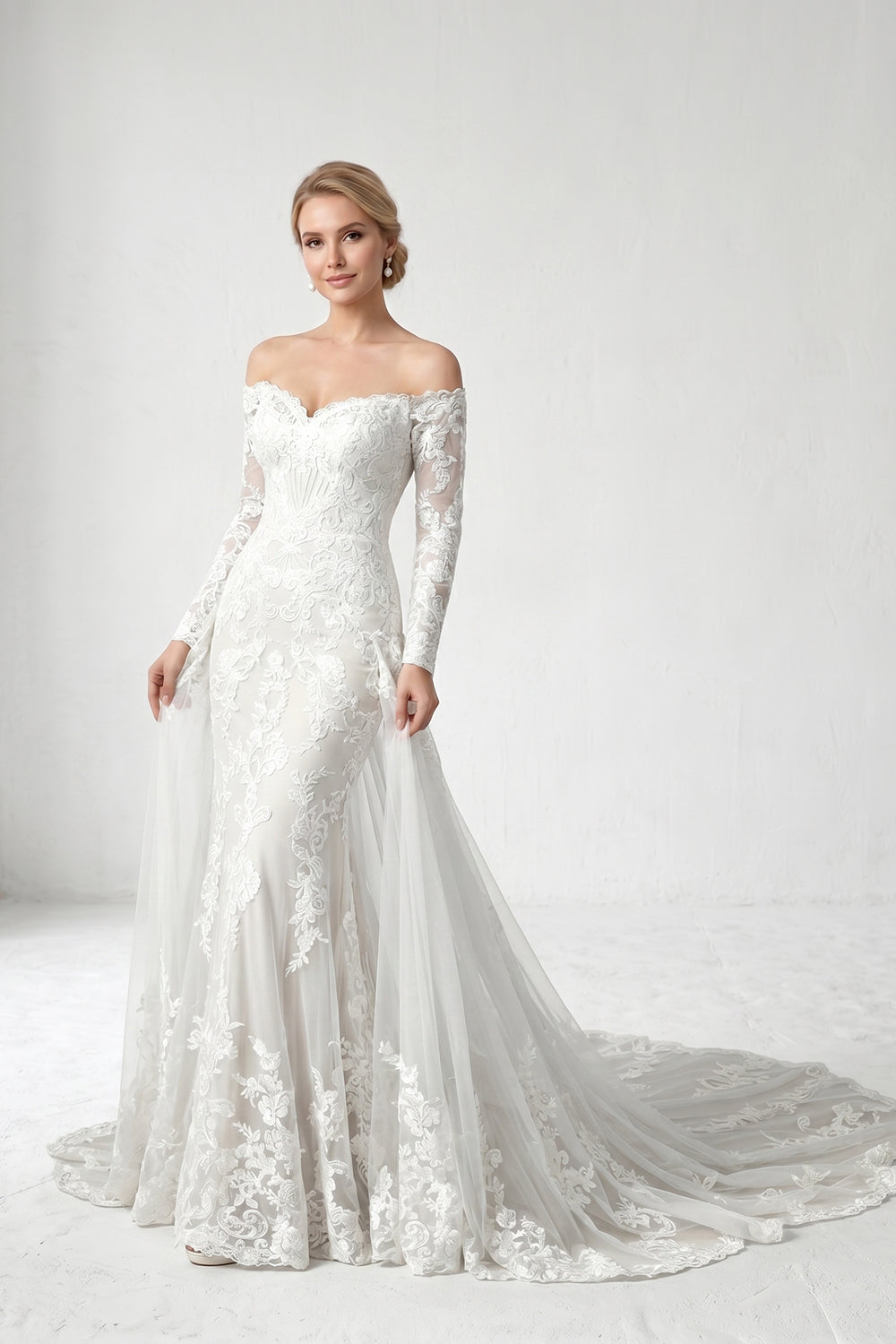 Off-the-Shoulder Long Sleeve Lace Mermaid Wedding Dress Bridal Gown with Train