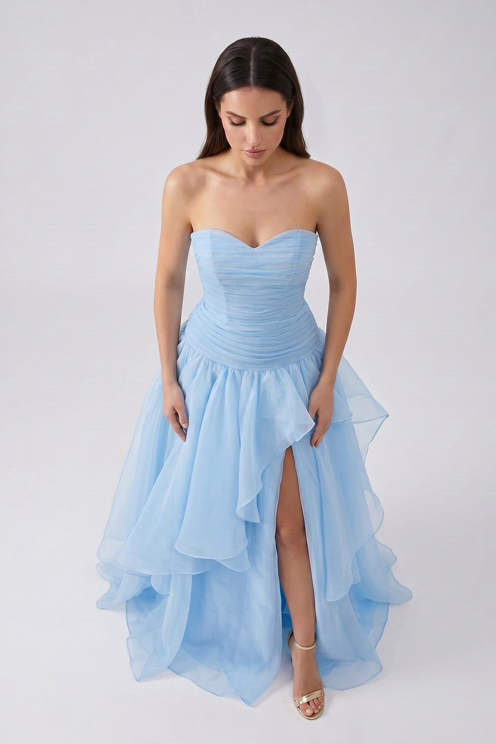 Light Blue Strapless Ruched Chiffon Bridesmaid Dress | Tiered Slit Formal Gown