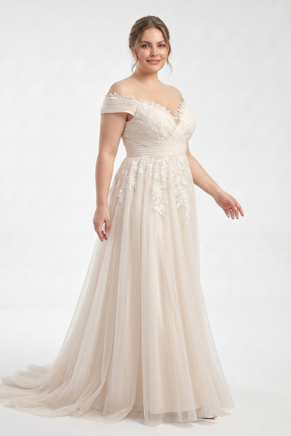 Plus Size Off-the-Shoulder Lace Tulle A-Line Wedding Dress | Nude Bridal Gown with Train