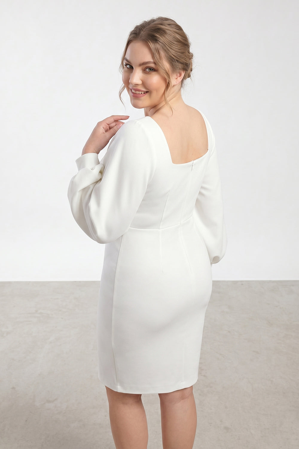 Plus Size Square Neck Long Puff Sleeve White Crepe Bridal Mini Dress