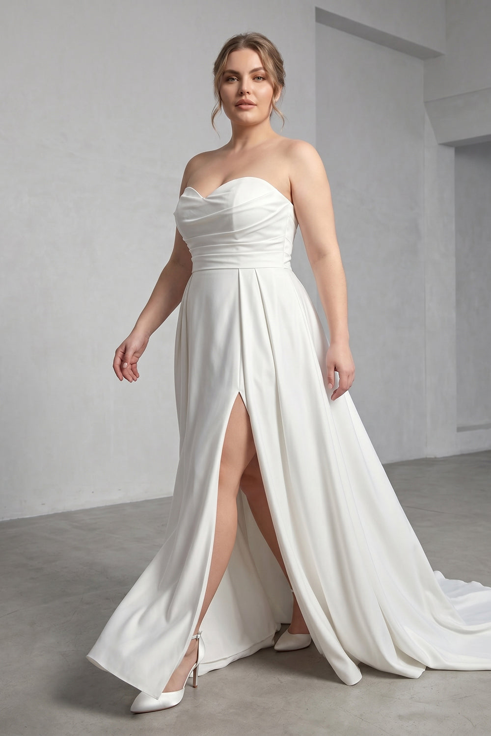 Plus Size Strapless Sweetheart Satin Wedding Dress | A-Line Bridal Gown with Slit & Train