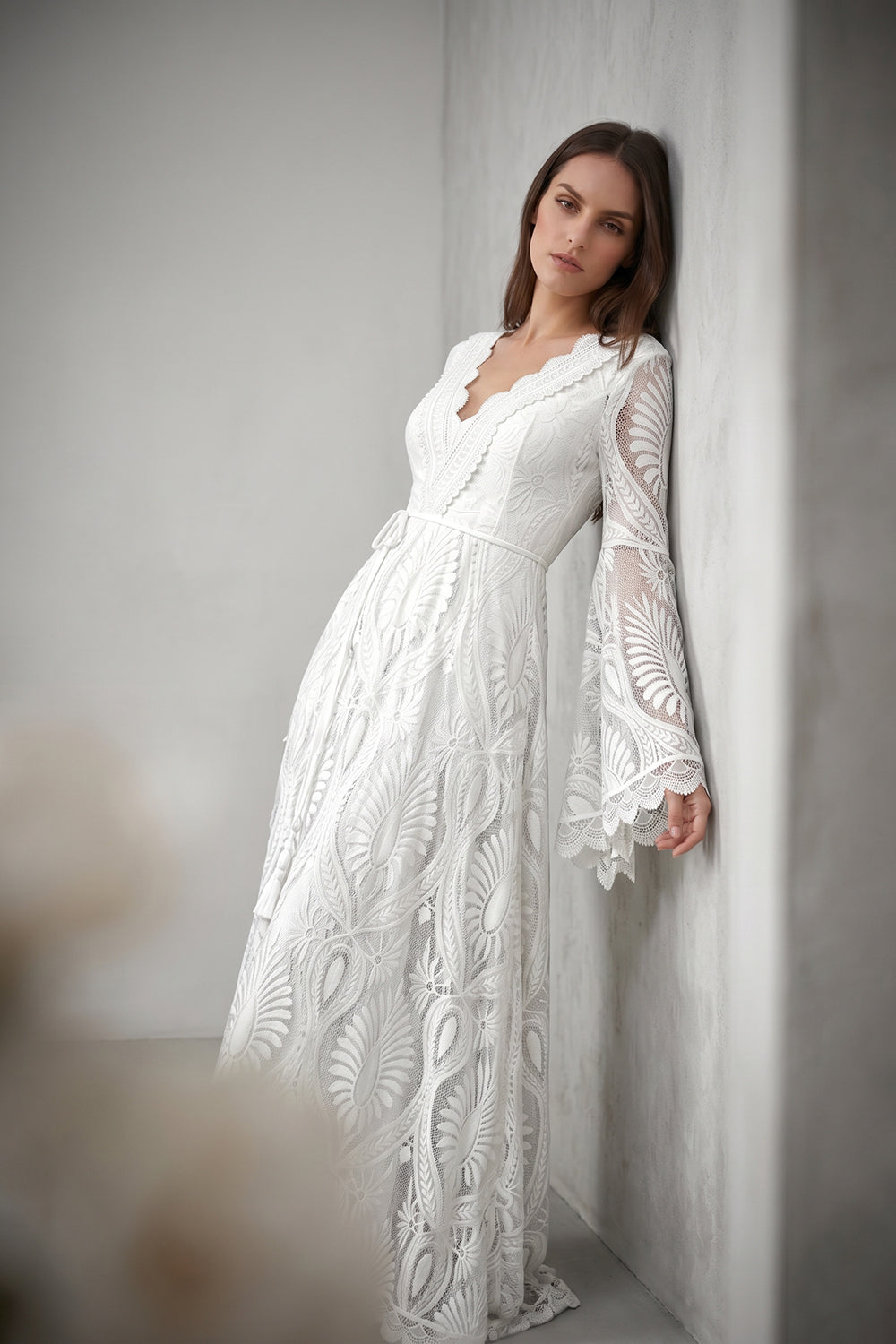Bohemian Lace Bell Sleeve Wedding Dress | V-Neck A-Line Bridal Gown with Train