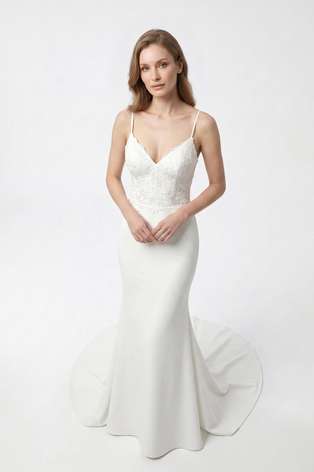 Spaghetti Strap Lace Bodice Tulle Mermaid Wedding Dress | Fitted Bridal Gown with Train