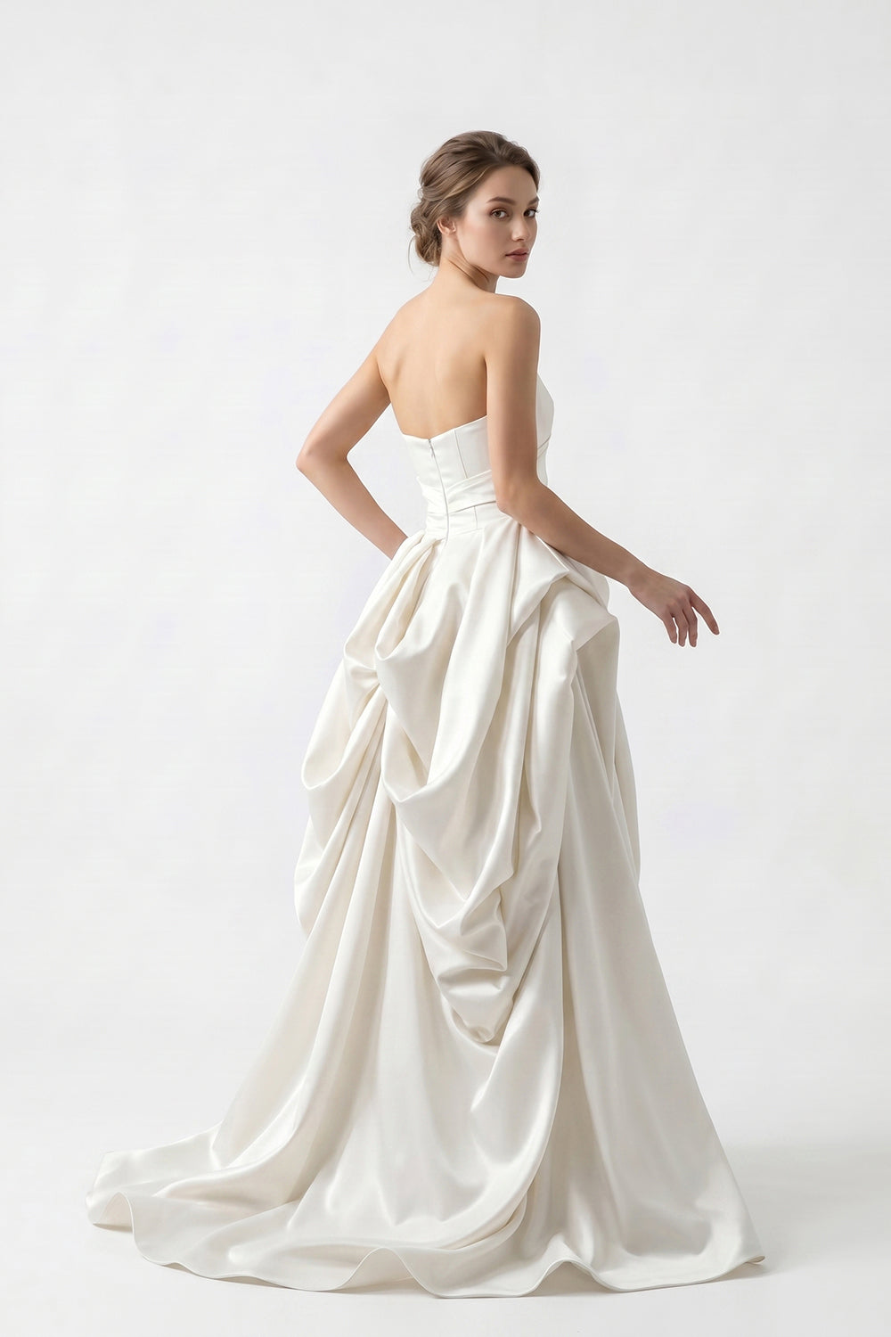 Strapless Sweetheart Satin Wedding Dress with Dramatic Draped Skirt & Train