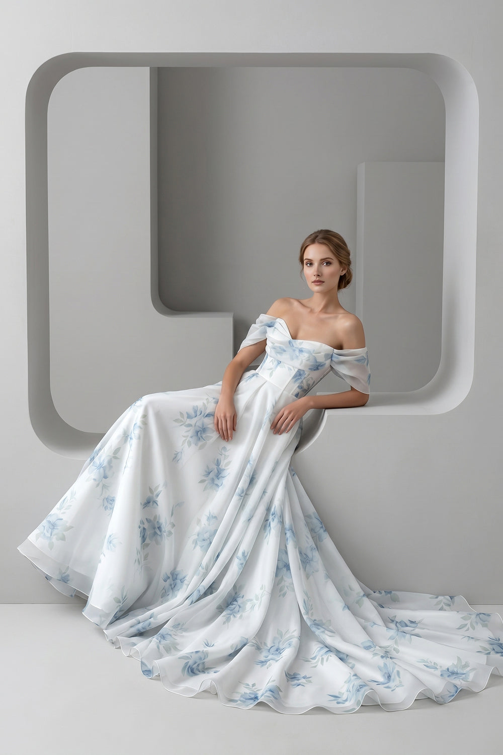 Off-the-Shoulder Blue Floral Print Chiffon Wedding Dress Flowy A-Line Bridal Gown with Train