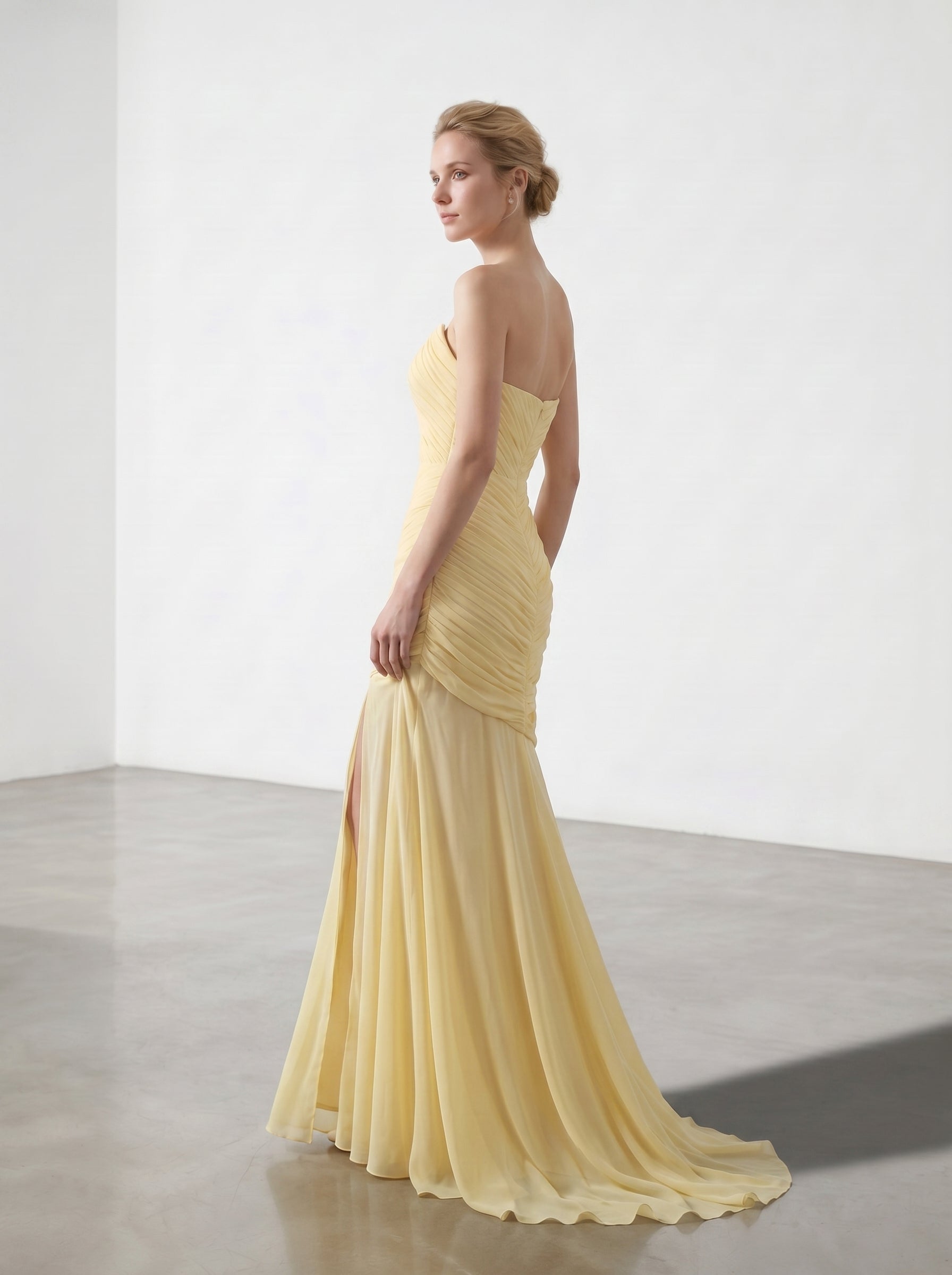 Yellow Strapless Ruched Chiffon Bridesmaid Dress | Slit Mermaid Formal Gown