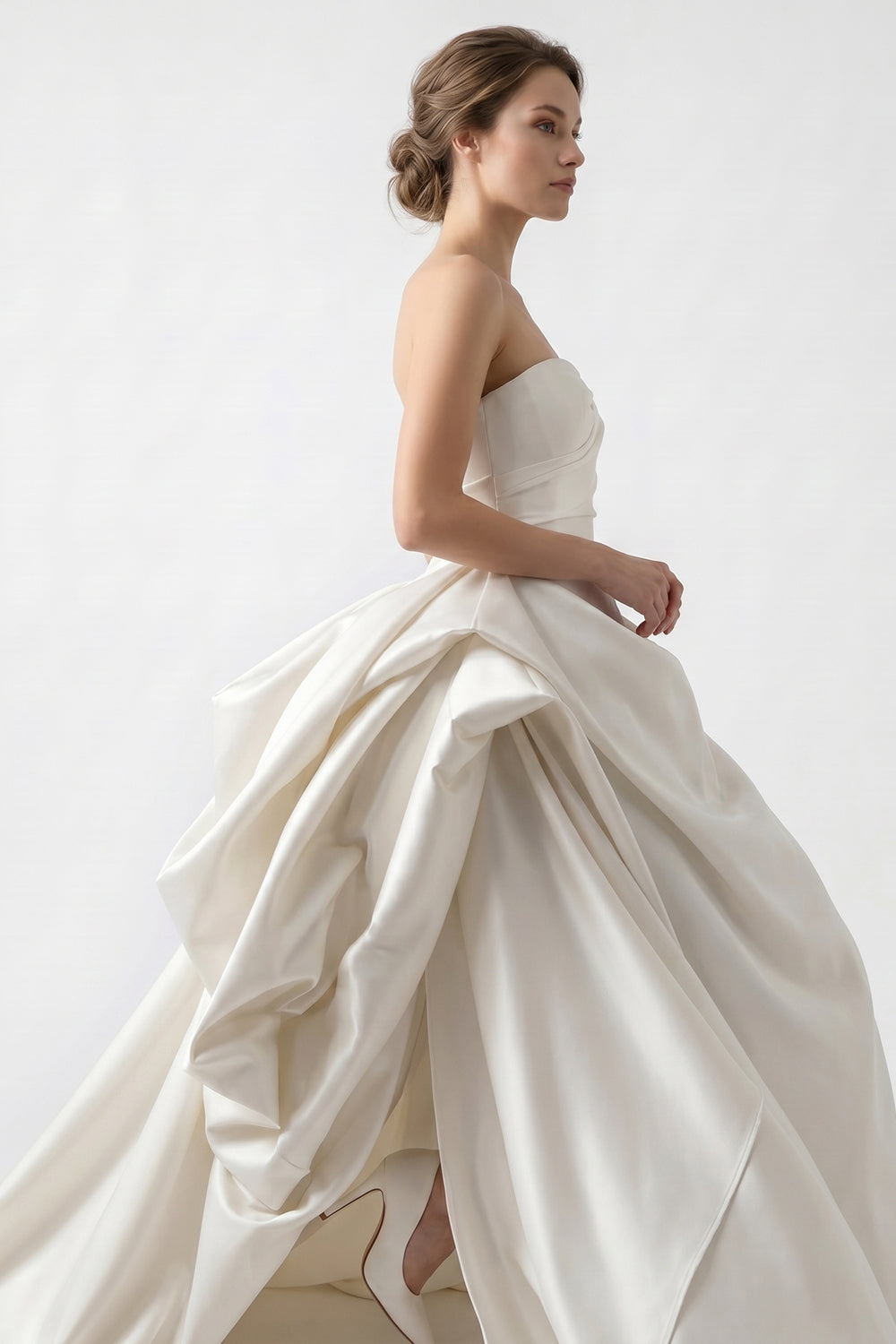 Strapless Sweetheart Satin Wedding Dress with Dramatic Draped Skirt & Train