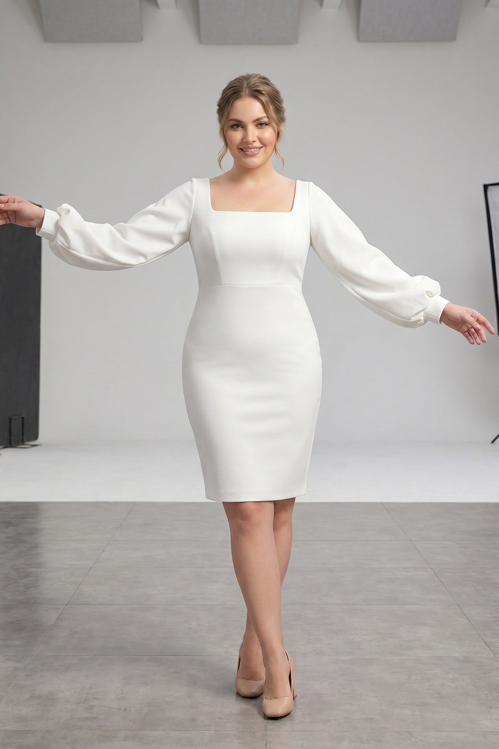 Plus Size Square Neck Long Puff Sleeve White Crepe Bridal Mini Dress