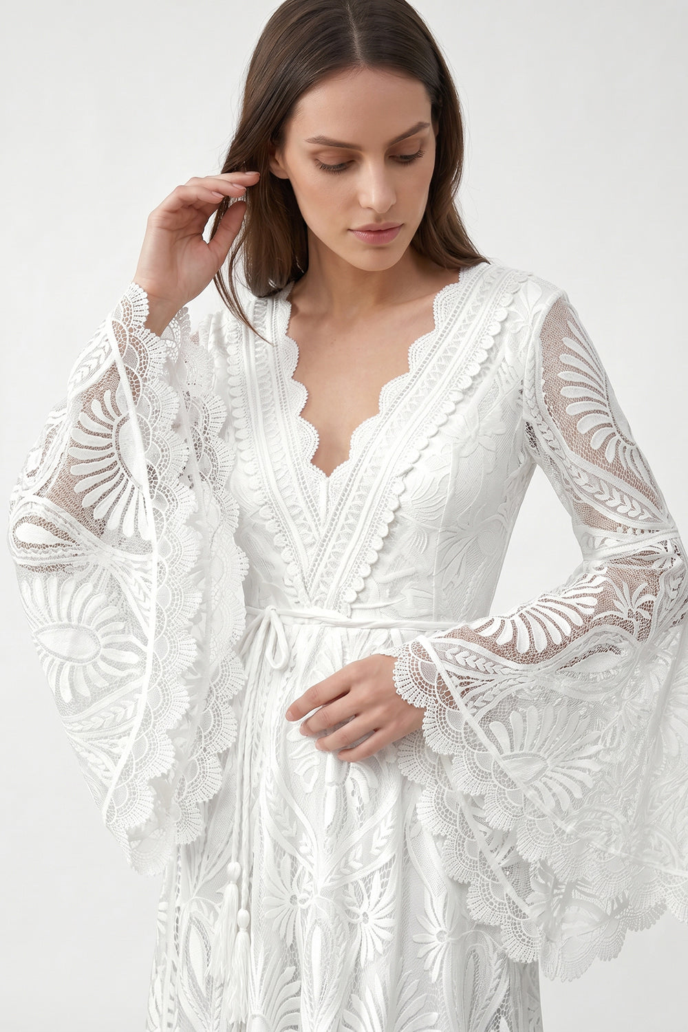 Bohemian Lace Bell Sleeve Wedding Dress | V-Neck A-Line Bridal Gown with Train