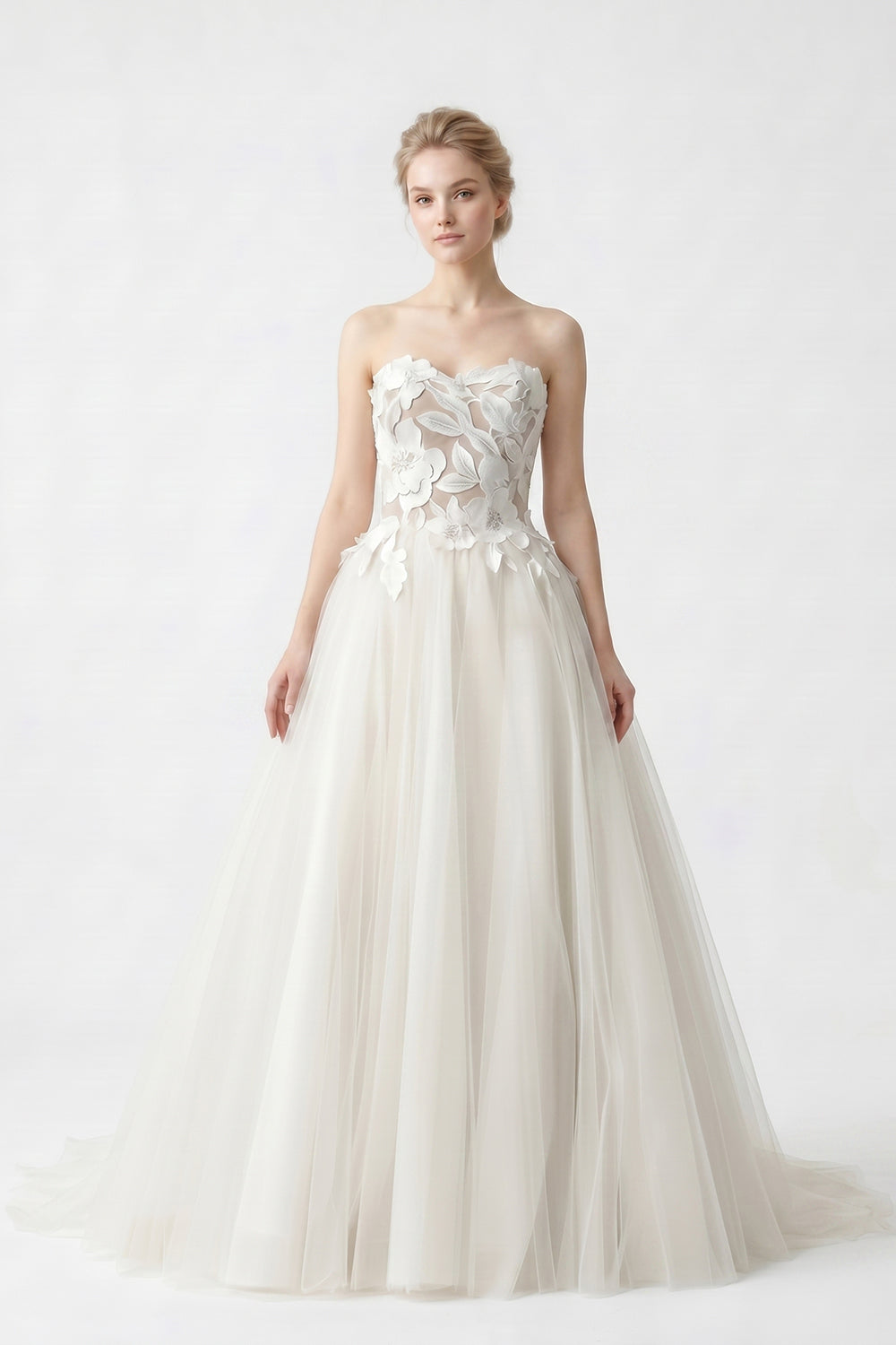 Strapless Floral Appliqué Tulle Ball Gown Wedding Dress Romantic Bridal Gown with Train