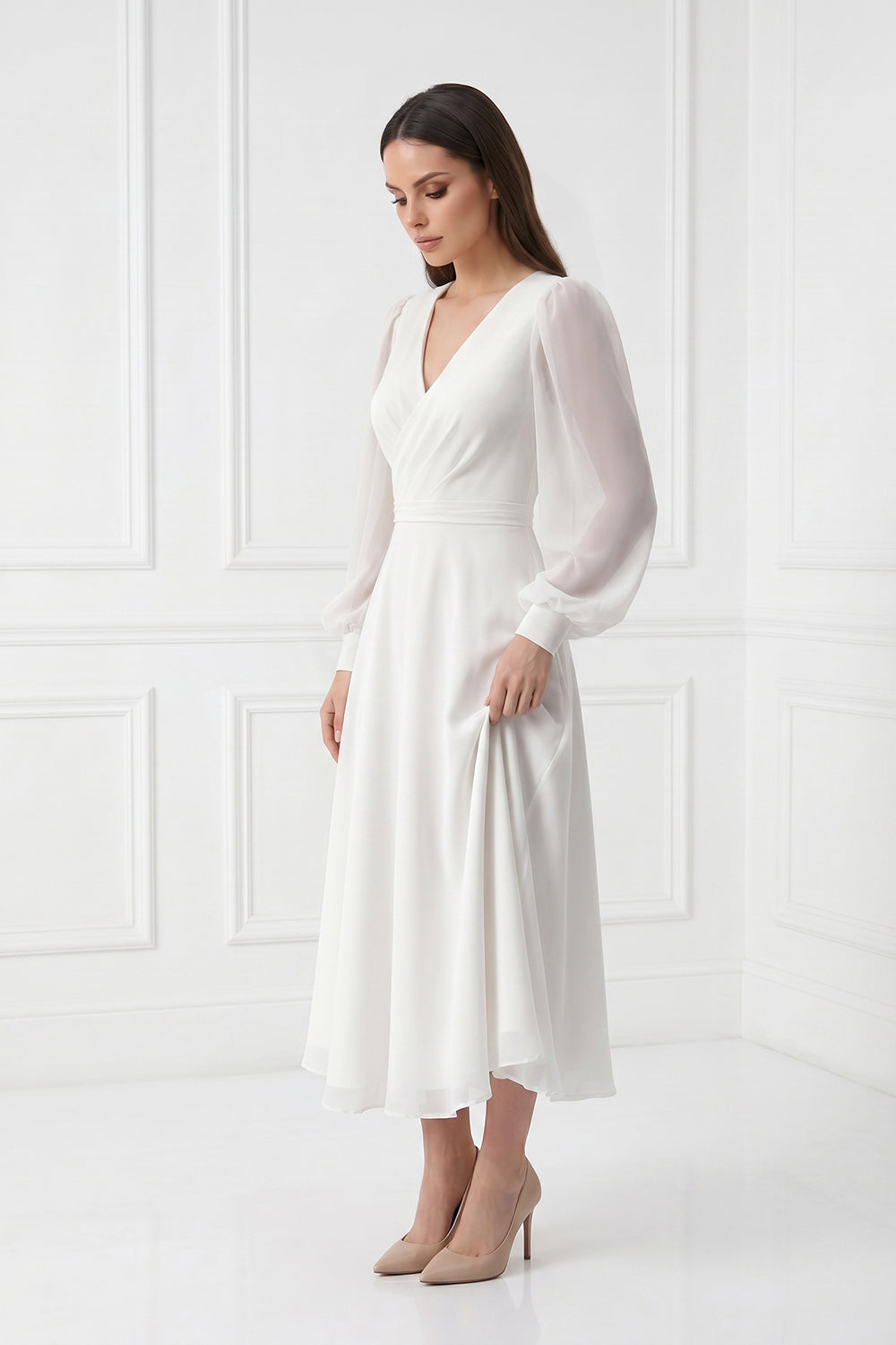 Long Sheer Sleeve White Chiffon Midi Bridal Dress | V-Neck A-Line Wedding Gown