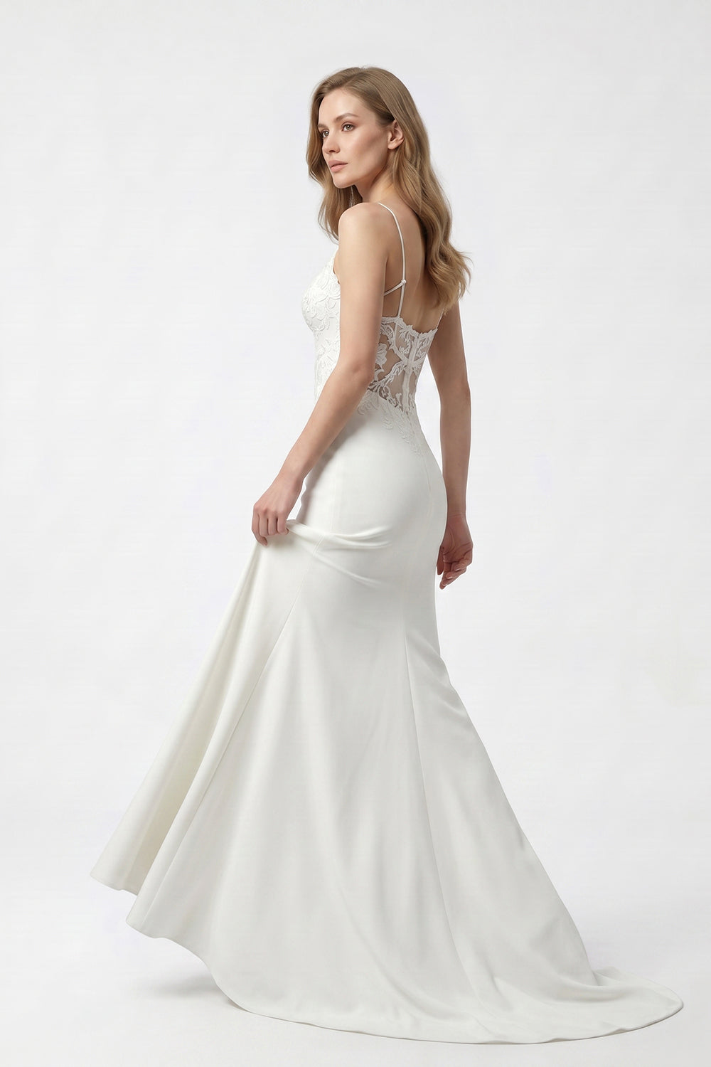 Spaghetti Strap Lace Bodice Tulle Mermaid Wedding Dress | Fitted Bridal Gown with Train