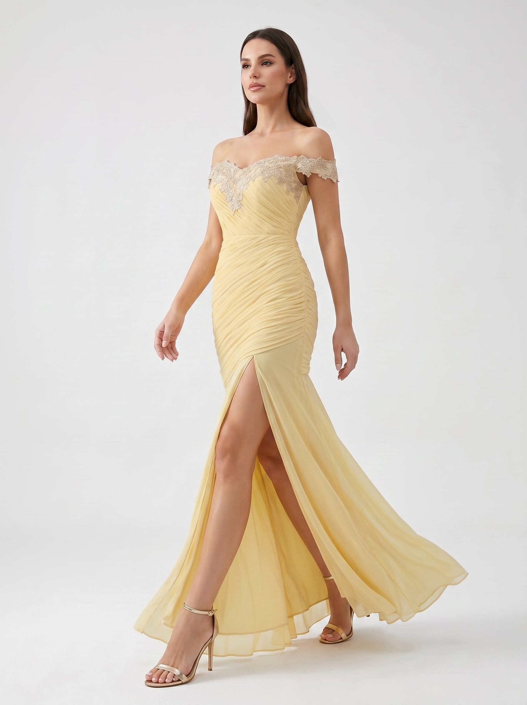 Yellow Off-Shoulder Lace Ruched Chiffon Bridesmaid Dress | Slit Mermaid Formal Gown