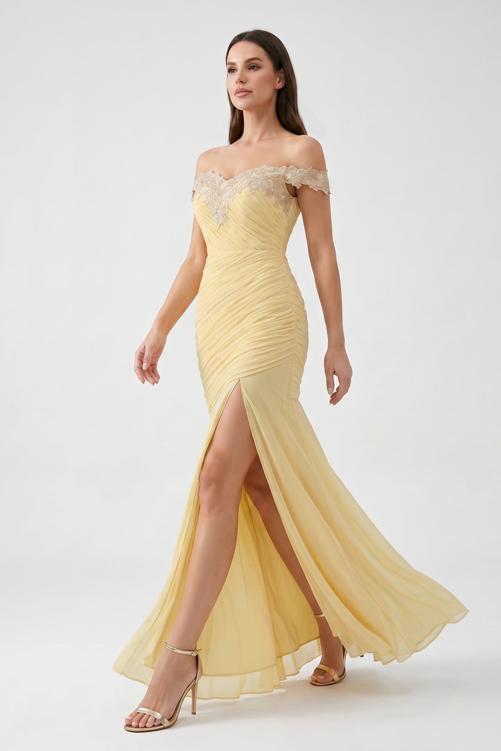 Yellow Off-Shoulder Lace Ruched Chiffon Bridesmaid Dress | Slit Mermaid Formal Gown