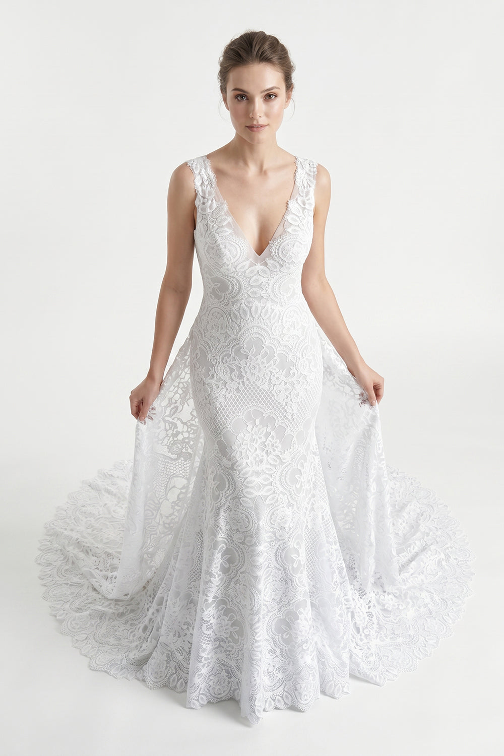 V-Neck Sleeveless Lace Mermaid Wedding Dress Romantic Bridal Gown with Train
