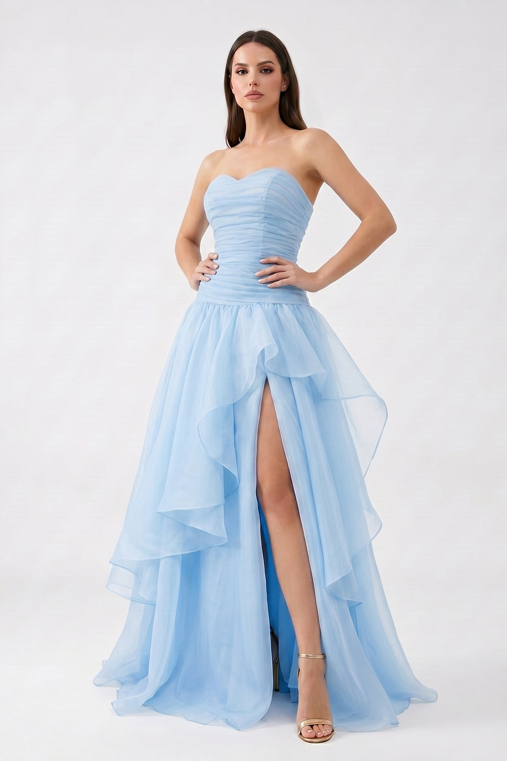 Light Blue Strapless Ruched Chiffon Bridesmaid Dress | Tiered Slit Formal Gown